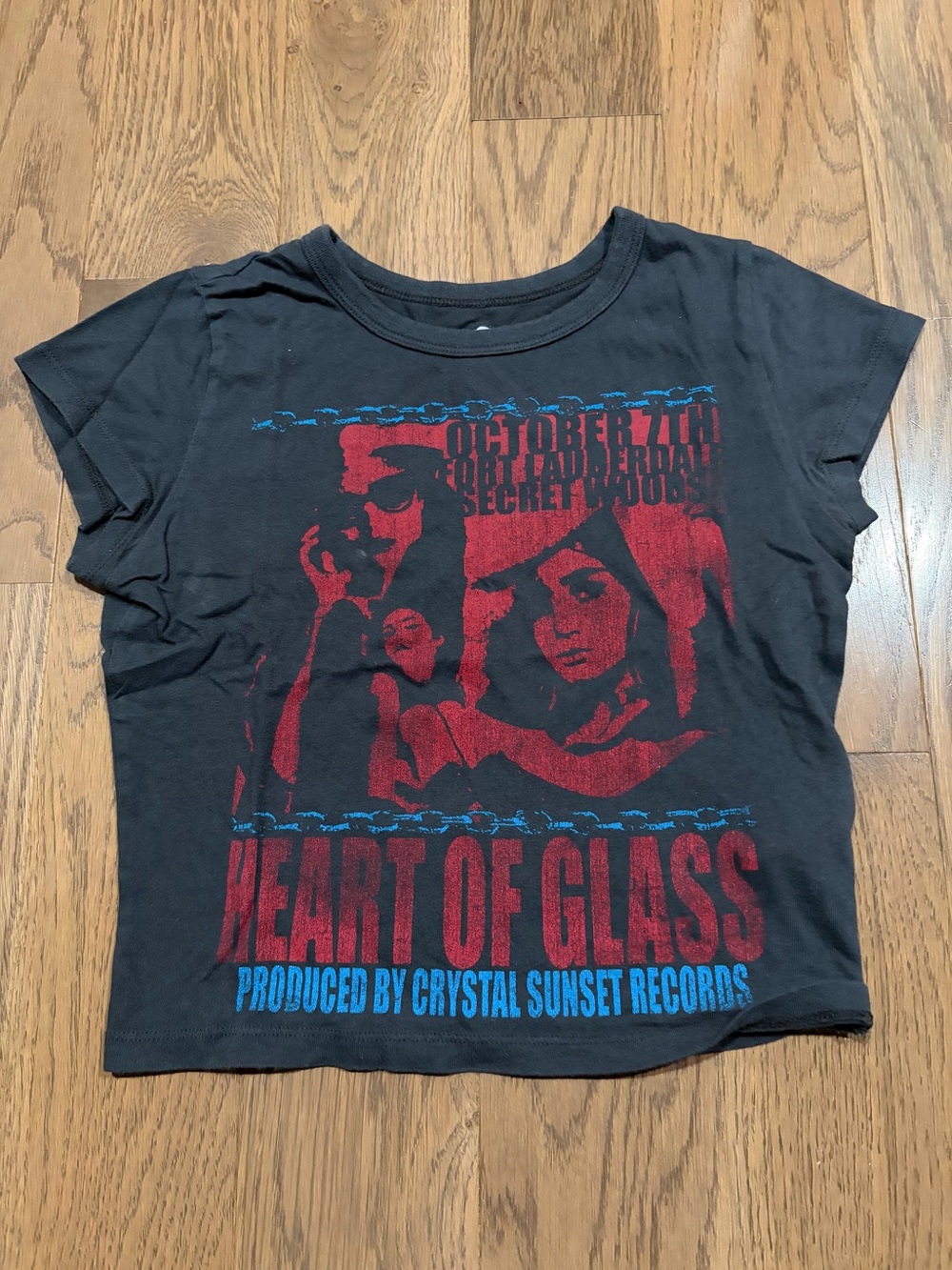 Hollister Black Tee with Red & Blue 'Heart of Glass' Graphic